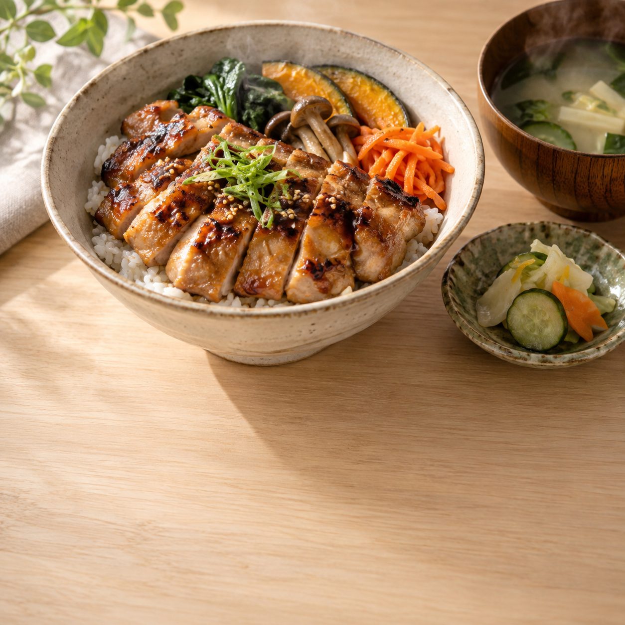 鶏丼と汁物の写真を使った飲食店の広告の制作イメージ