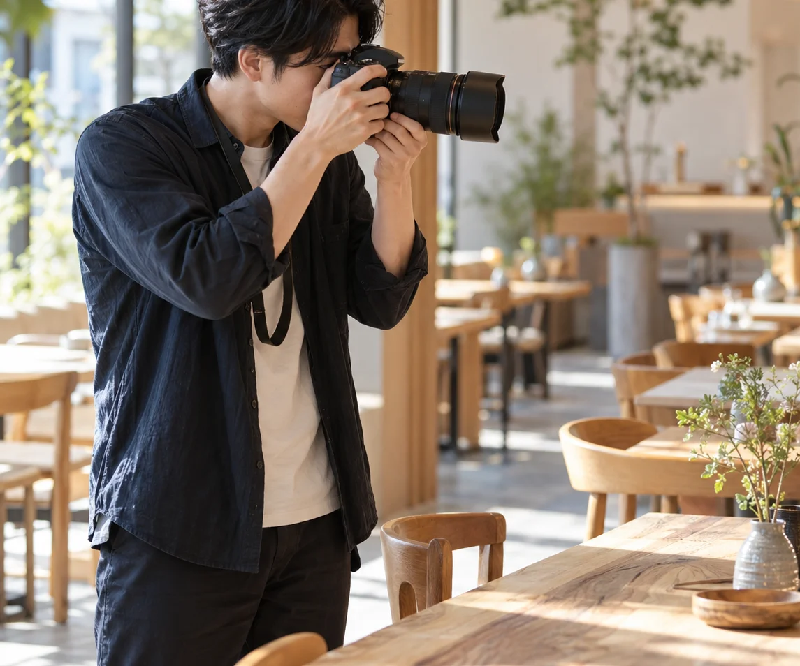 カフェの店内でカメラマンが一眼レフを構えて撮影しているところ