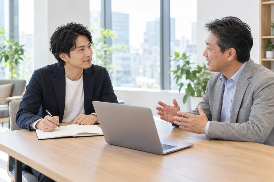 オフィスで担当者が経営者にヒアリングしている打ち合わせ