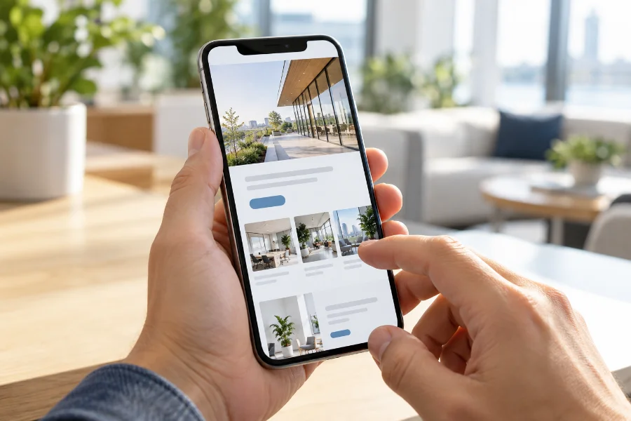 スマートフォンで企業のホームページを見ている手元