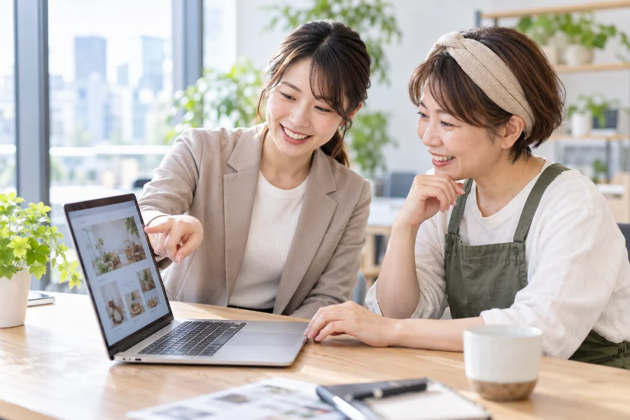 ノートパソコンを一緒に見ながら更新のやり方を説明しているところ